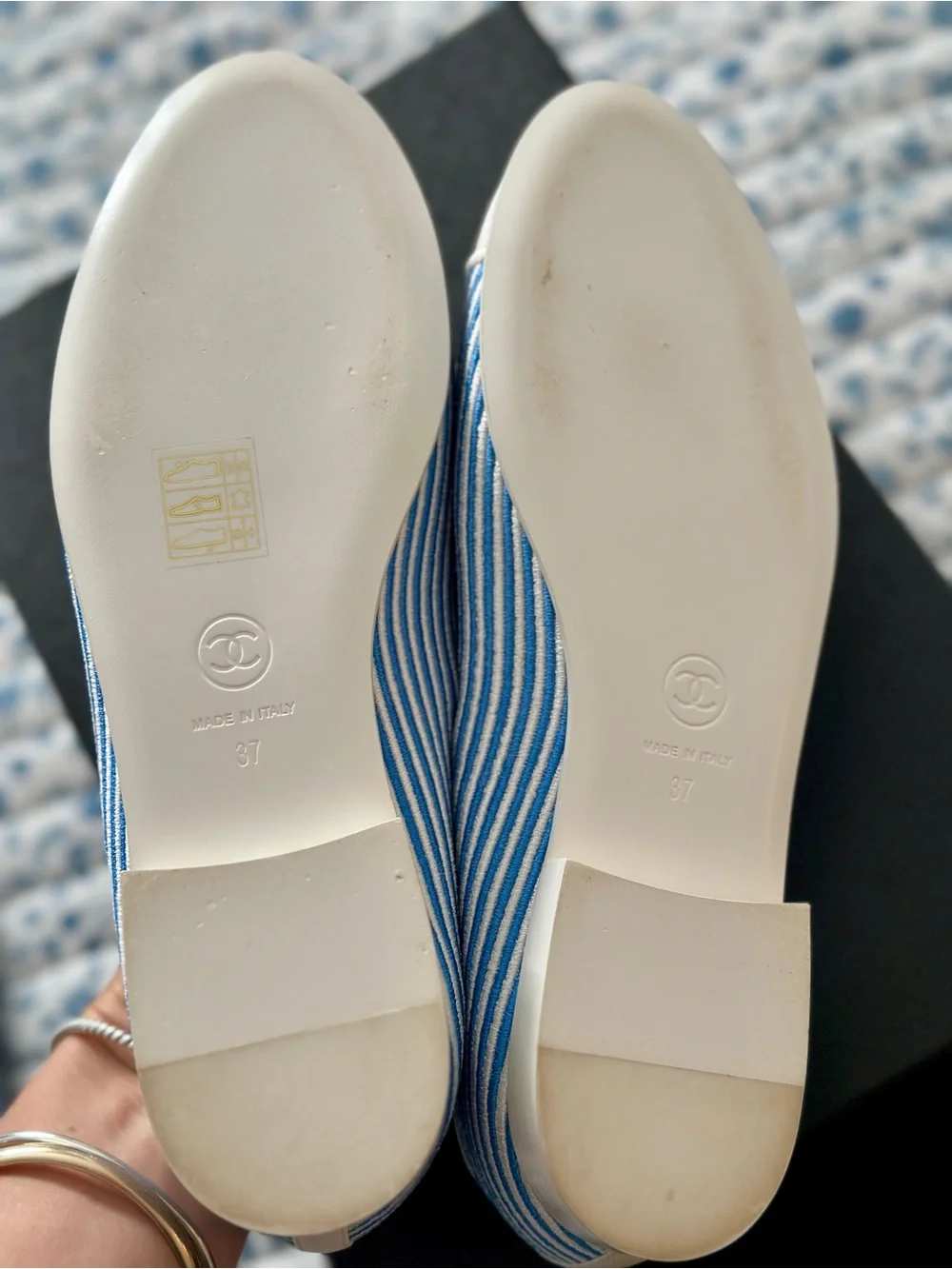 CHANEL Blue Striped and Cream Cap-Toe Ballet Flats